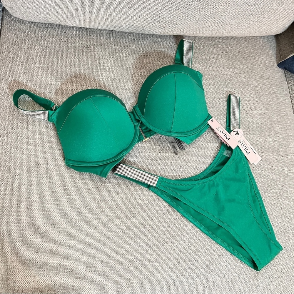 Victoria's Secret Kelly Green Shine Strap Push Up Bikini Set 32DD/M